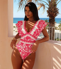 V Neck Ruffle Printed Swimsuit Set(s)