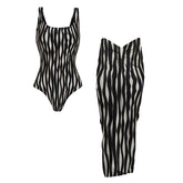Round Neck Stripe Print Black Swimsuit Set(s)