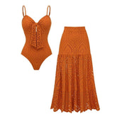 Plus Size Sling Cut Out Bow Tie One Piece Swimsuit and Skirt