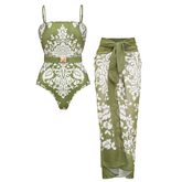 Retro Print Removable Belt Detail Sling One Piece Swimsuit and Sarong Flaxmaker