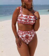 Plus Size Red Flower Totem Pattern Print Bikini and Skirt