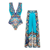 Butterfly and Dragonfly V-neck Hollow Print One Piece Swimsuit and Pants
