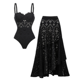 Black Laser Cut Hollow One Piece Swimsuit and Skirt