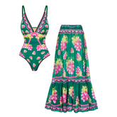 Plus Size Deep V Retro Green Grapes Print One Piece Swimsuit and Skirt