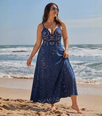 Plus Size Navy Blue Laser Cutting Flower Hollow One Piece Swimsuit and Skirt