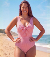 Plus Size Bowknot Striped Print One Piece Swimsuit and Skirt
