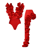 Plus Size Frilled V Neck Red One Piece Swimsuit and Skirt Flaxmaker