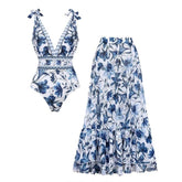 V Neck Lace Up Printed One Piece Swimsuit and Skirt