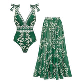 Plus Size V Neck Lace Up Printed One Piece Swimsuit and Skirt