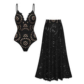 Plus Size Black Laser Cutting Flower Hollow One Piece Swimsuit and Skirt
