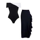 Plus Size Off Shoulder Color Block One Piece Swimsuit and Skirt