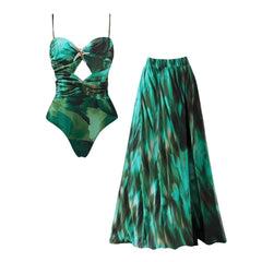 Plus Size Green Printed Pleated Swimsuit & Skirt Set