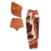 Plus Size One Shoulder Ruched Rust High Waist Bikini Swimsuit and Sarong Flaxmaker