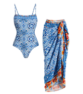 Plus Size Printed One Piece Swimsuit and Sarong
