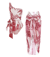 Plus Size One Shoulder Coconut Palm Print One Piece Swimsuit and Sarong