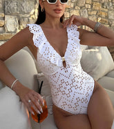 V Neck White Laser Cutting Flower Cut Out Swimsuit Set(s)