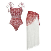 Plus Size Tie-up Retro Forest Print One Piece Swimsuit and Skirt