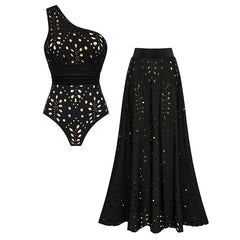 One Shoulder Tummy Control Black Laser Cutting Flower Swimsuit Set(s)