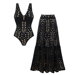 Plus Size V Neck Black Laser Cutting Flower Swimsuit Set(s)