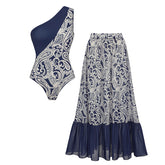 One Shoulder Blue Color Block Paisley Print Swimsuit Set(s)