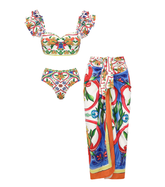 Ruffle Sleeves Paisley-print Bikini Swimsuit and Sarong