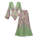 Plus Size Long Sleeve Floral One Piece Swimsuit and Skirt