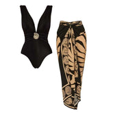 Black V-Neck Conch Decoration One Piece Swimsuit and Sarong