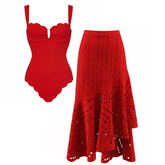 Detachable Shoulder Straps Red Color Laser Cutting Swimsuit Set(s)