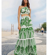 Plus Size One Shoulder Green Flower Printed Bikini Swimsuit and Skirt