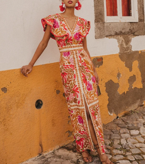 V Neck Retro Printed Backless Dress