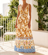 Gold Baroque-print lace-up V-neck maxi dress