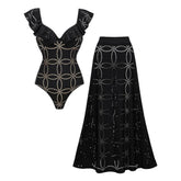 Underwired Black Ruffle Laser Cutting Flower One Piece Swimsuit and Skirt