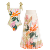Bow-Tie Shoulder Tropical Floral Print Swimsuit Set(s)
