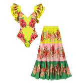Ruffled Blooming Flower Print One Piece Swimsuit and Skirt Flaxmaker