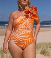 Plus Size 3D Flower Printed One Piece Swimsuit and Skirt Flaxmaker