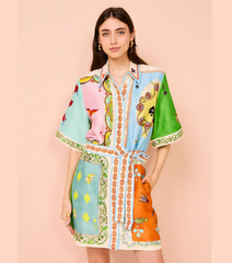 Short Sleeve Color Block Printed Mini Dress