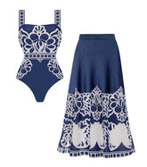 Plus Size Lace Printed One Piece Swimsuit and Skirt