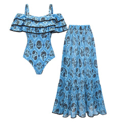Off Shoulder Three-tiered Ruffles Printed Swimsuit Set(s)