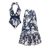 Plus Size V Neck Leaves Print One Piece Swimsuit and Pants/Skirt