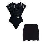 Plus Size Black Hollow Design One Piece Swimsuit and Skirt