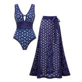 Laser Hollow Out One Piece Swimsuit and Skirt