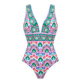 Plus Size V Neck Printed One Piece Swimsuit and Skirt