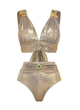 Stone Decoration Shiny Bikini Swimsuit and Skirt