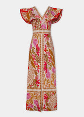 V Neck Retro Printed Backless Dress