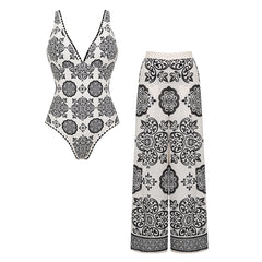 V Neck White Retro Printed Swimsuit Set(s)