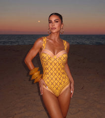 Sling Underwire Retro Yellow Printed Swimsuit Set(s)