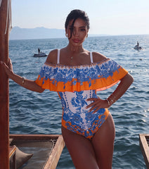 Off Shoulder Ruffle Retro Printed Swimsuit Set(s)