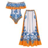 Off Shoulder Ruffle Retro Printed Swimsuit Set(s)