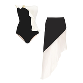 Off Shoulder Color Block Ruffle Decor One Piece Swimsuit and Skirt Flaxmaker