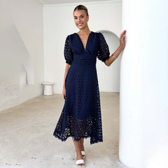 V Neck Puff Sleeve Lace Dress